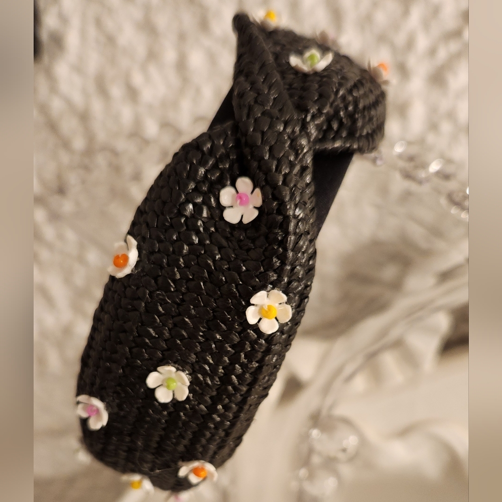Handbeaded Black Straw Rattan Headband One of a Kind